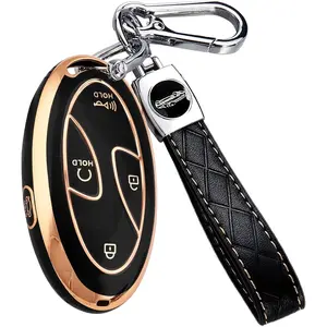 5 Buttons Compatible with Hyundai Key Fob Cover Accessories, Fits for Elanrtra Sonata Ioniq Santa Fe Santa Cruz KONA Tucson, Soft TPU Key Case with Leather Keychain (Black-Gold)