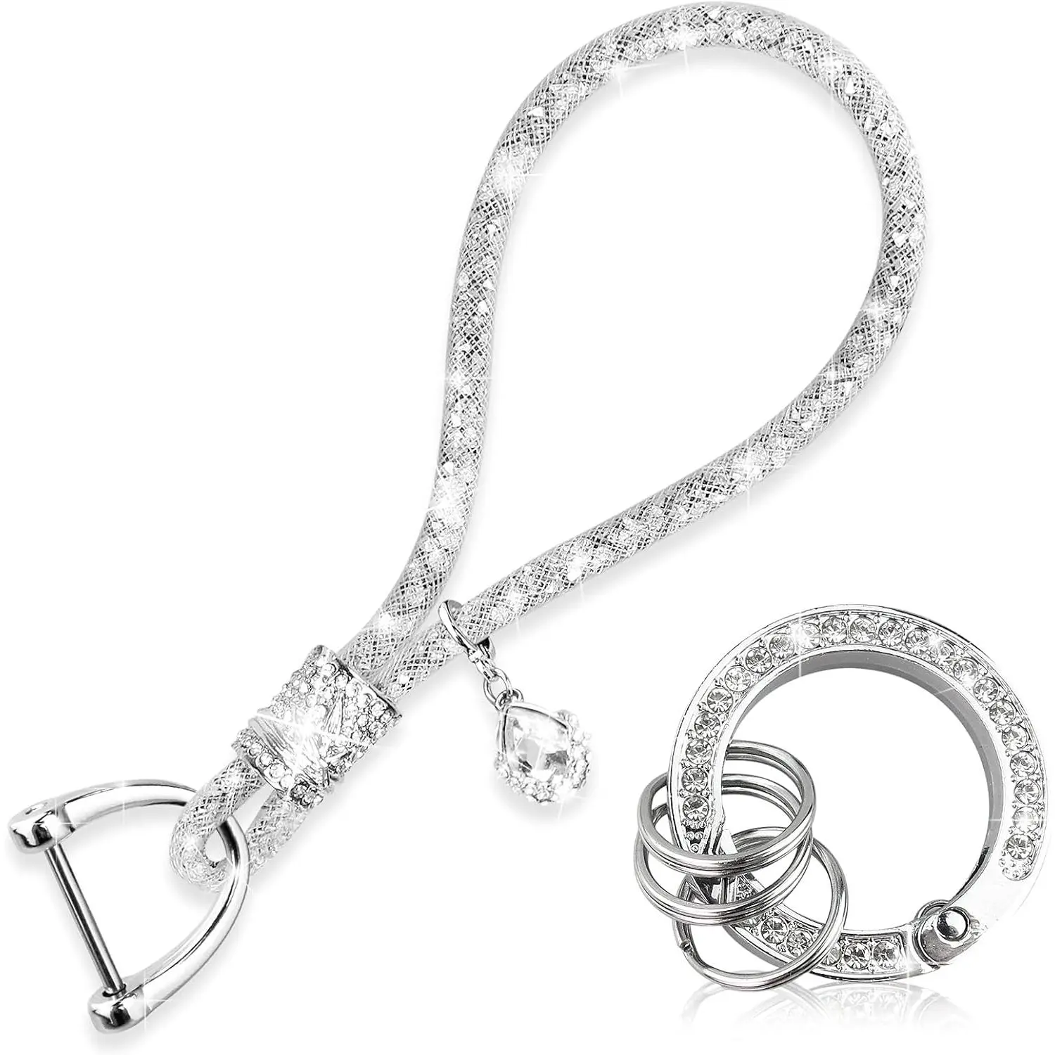 Elegant Crystal Wrist Lanyard for Women, Bling Rhinestone Mesh Keychain Strap with Decorative Pendant and Car Key Rings, Crystal Decorative Pendant, Screwdriver, Metal + Crystals