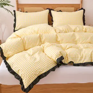 Vintage Plaid Print Korean Ruffle Bedding Set, Includes 1 Duvet Cover + 2 Pillowcases, Girls Room Decor, Single Twin Double Queen Size Comforter Cover set, Soft Bedding Sets