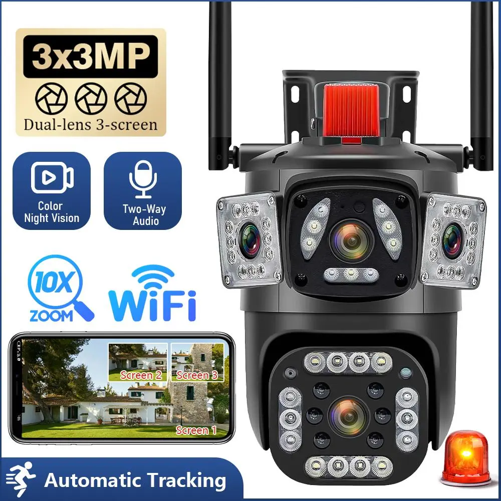 【BackToSchool】6K 9MP Outdoor WiFi Security Camera, Triple Lens Surveillance Camera with 10X Zoom, 360° PTZ, Auto Tracking, Night Vision, 2-Way Audio, SD/Cloud Storage