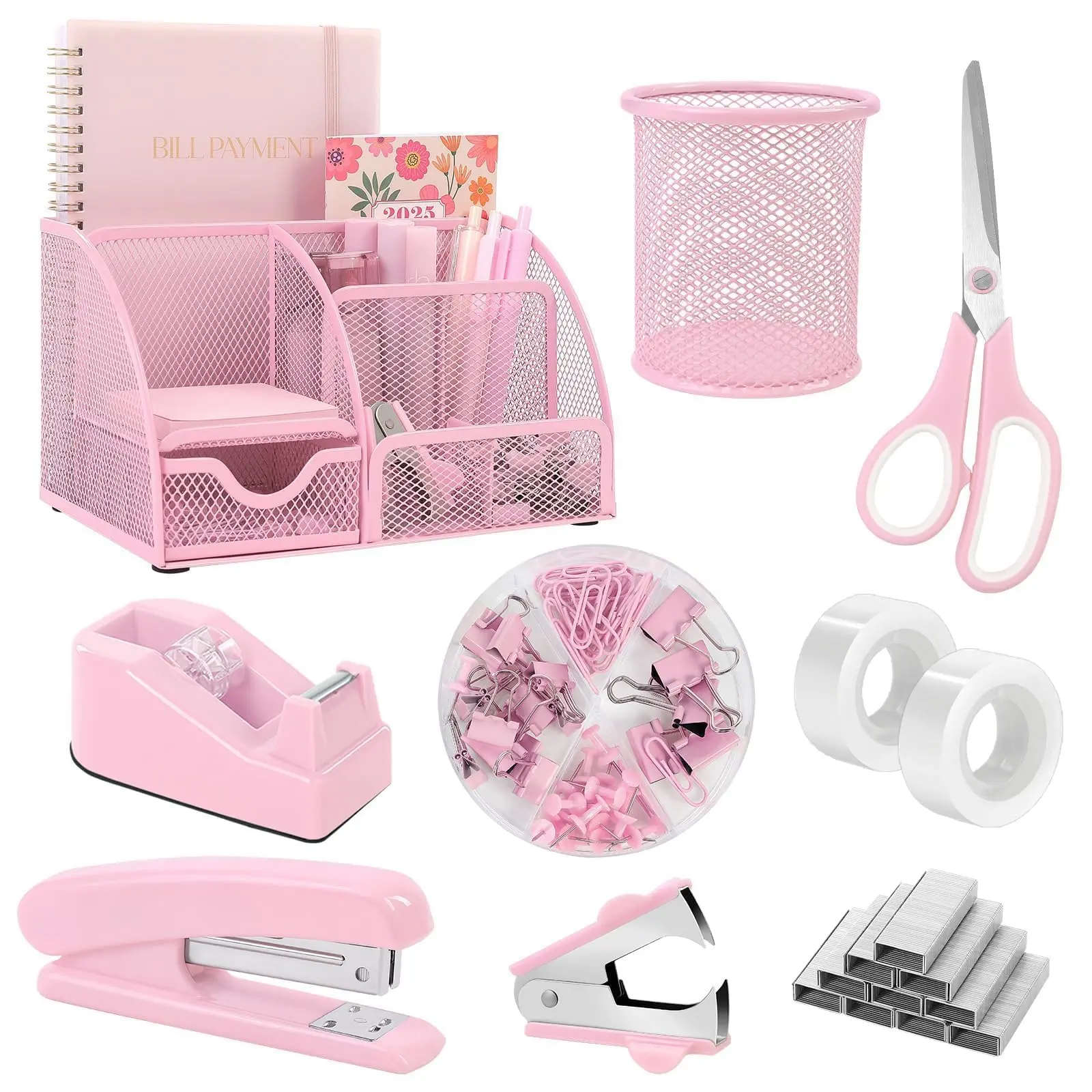 SKYDUE Office Supplies Set, Office Desk Accessories, Mesh Desk Organizer, Stapler, Tape Dispenser, Scissors, Binder/Paper Clips and 1000pcs Staples, Office Supplies for Teacher, Gifts,  Office Girly Desk Accessories