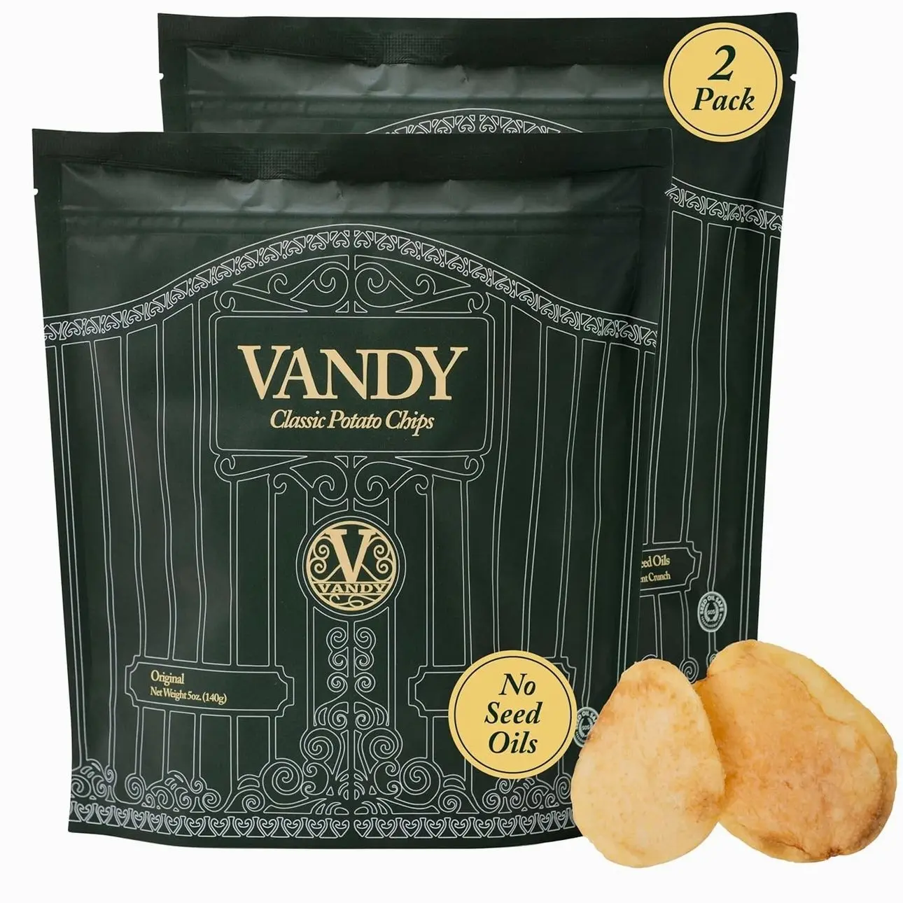 Vandy Crisps Potato Chips - Vegetable & Seed Oil Free Snacks - Gluten Free Potato Chip - Healthy Chips Made with Potatoes, Grass-Fed Beef Tallow, and Sea Salt - 2 Pack, 5 Ounce Each (Original)