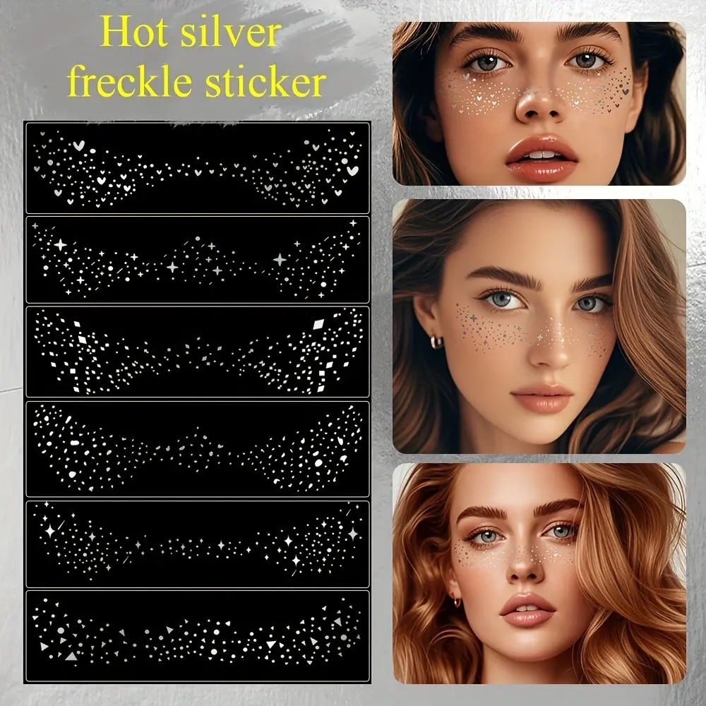 6pcs Set, New European and American Hot Silvery Freckle Stickers, Hot Silvery Freckle Makeup Stickers with A High-end European and American Metallic Face Makeup, Costume Party, Glitter Face Tattoos