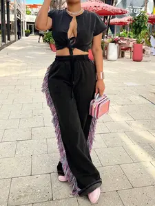 Fringe Pants For Women Casual High Waist Tassels Drawstring Elastic Waist Sweatpants Long Streetwear PantsNew Year Warm Thermal