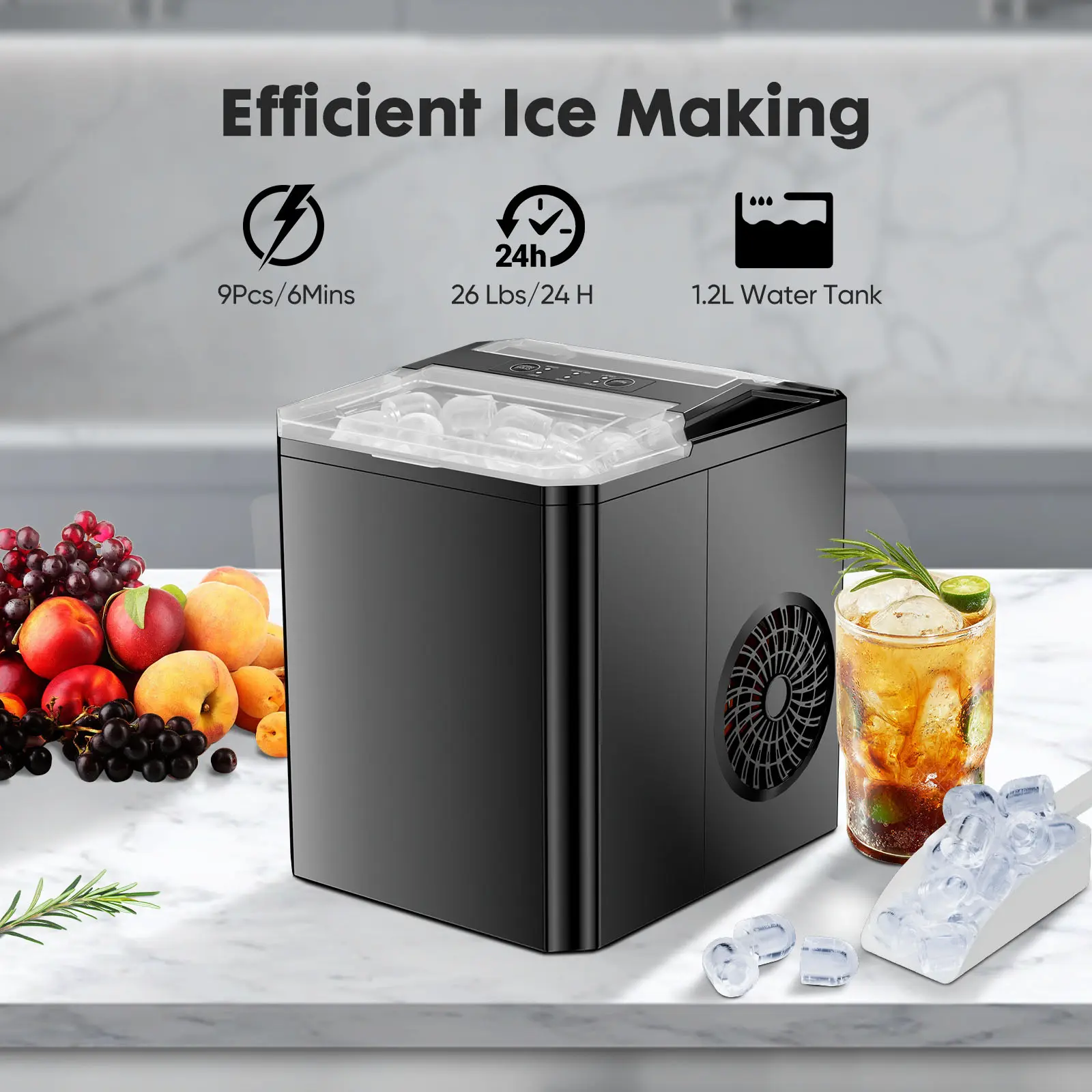 Sweet Furniture Countertop Ice Maker Machine Self-Cleaning, Fast Making 9 Ice Cubes in 6 Minutes, 26.5lbs/24Hrs, 2 Sizes Bullet Ice, Kitchen Utensils