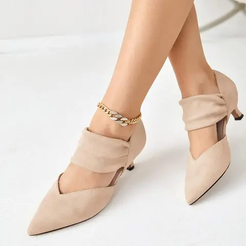 Fashare Women's Fashionable Low Kitten Heels - Pointed Toe, Slip-On, Ankle Strap, Cutout, Comfortable Formal Wedding Pumps, Elegant Footwear