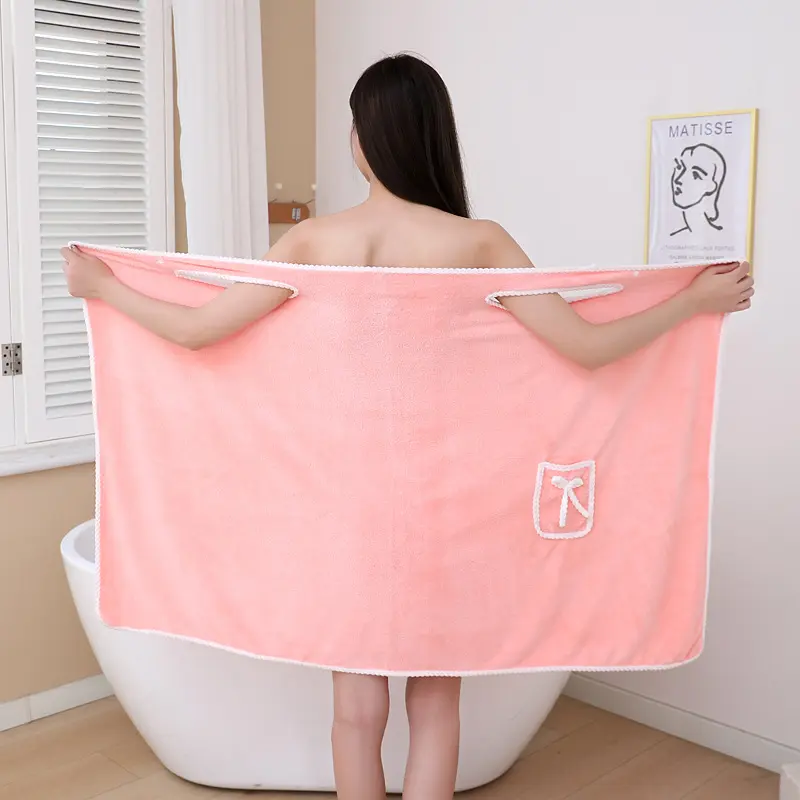 2PCS  Women Bath Towel Wrap Coral Fleece Bathrobes,Wearable Highly Absorbent Off Shoulder Bath Skirt Ladies Sleeveless Dress Beach Coral Fleece Towelling Bath Robe,Spa Sauna, Cute Pocket Design,80 x 135cm/53 x 31.5in