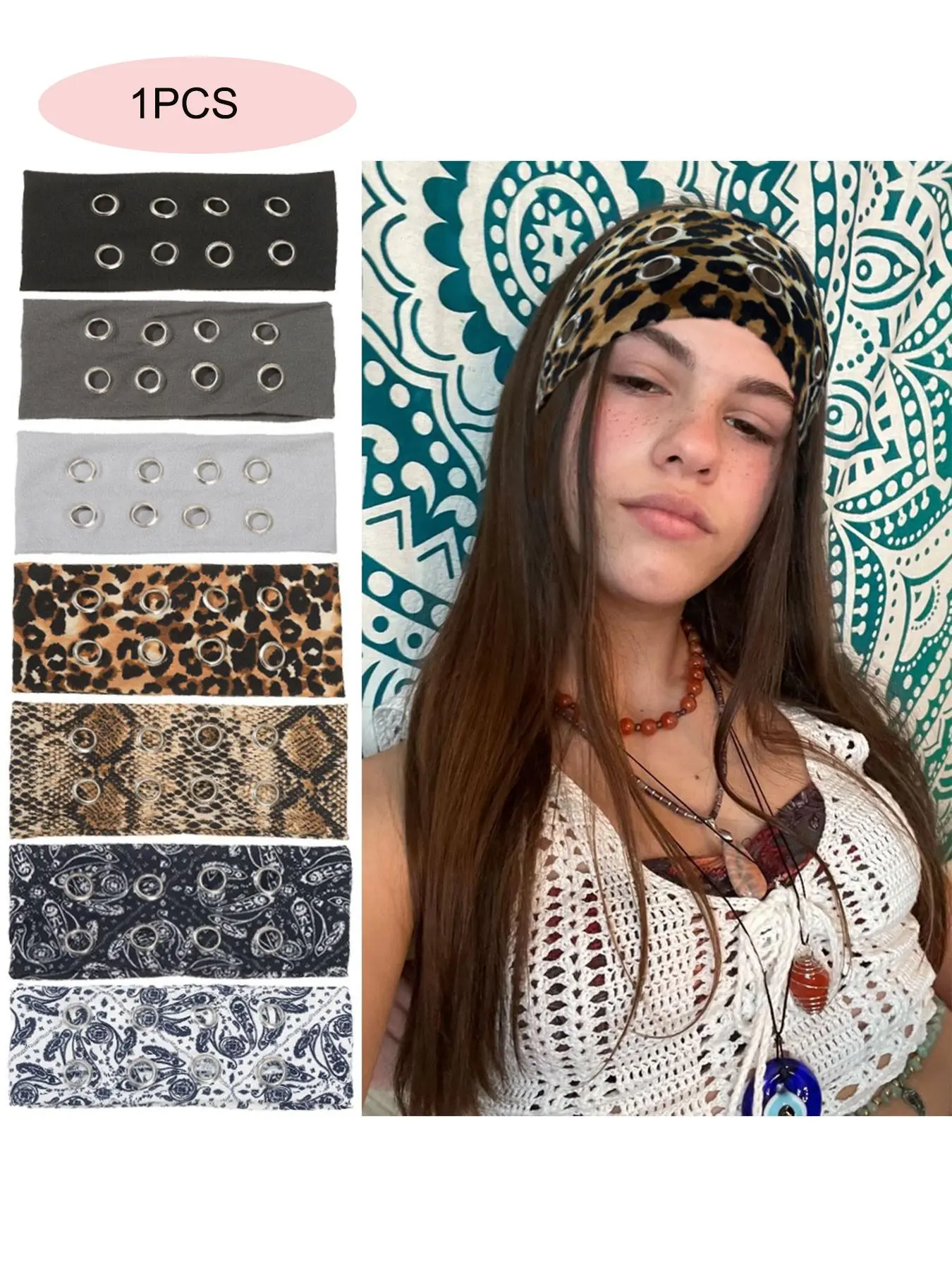 Women Hollow Metal Eye Hole Elastic Headband Y2K Punk Girl Rock Stretch Wide Hair Band Accessories, Fashionable & Comfortable Design Hairstyle