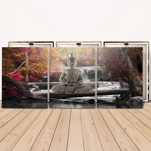 3 Counts Wooden Framed Canvas, Peaceful Buddha Statue In Autumn Waterfall Forest, Exquisite Poster, Perfect Living Room Decoration, Modern Art, Fashion Family Poster, Wall Art Decoration, Waterproof Art, Modern Home Decor