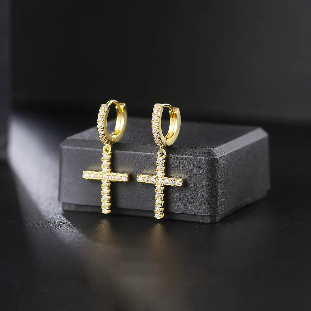 14K Gold Plated Cubic Zirconia Stone Small Hoop Cross Earrings Unisex Hanging Dangle Drop Earrings 14K Gold Plated Cubic Zirconia Stone Small Hoop Cross Earrings Unisex Hanging Dangle Drop Earrings