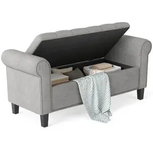 50 Inches Storage Ottoman – End of Bed Bench with Rolled Arms, Wood Legs, Button Tufted, Hidden Storage Compartment, Snow Flannel Fabric, 485 lbs Capacity, for Bedroom, Entryway, Living Room, Gray