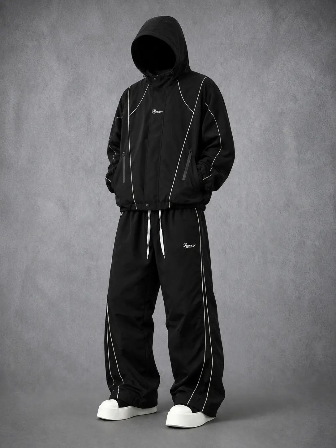 Men's American-Style Reflective Tape Hooded 2-Piece Casual Set - Embroidered Lettering Windproof Jacket, Straight-Leg Drawstring Pants