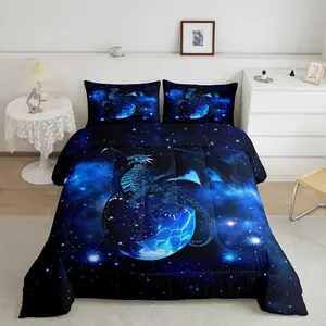 Fe a aFeelyou Galaxy Dragon Luxury Bedroom Bedding Set - Chic Outer Space Starry Sky Comforter, Jungle Animals Dragon Design, Breathable Blue Black Super Soft Decorative Duvet Set, Breathable Duvet Set