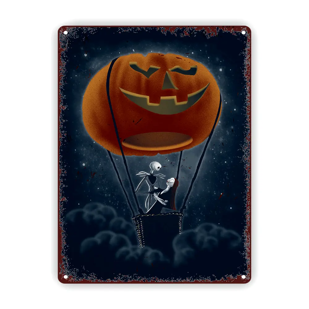 Jack & Sally Pumpkin Hot Air Balloon Iron Sign - Retro Wall Art for Bedroom, Living Room Decor, 8x12 Inches