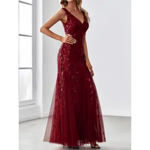 Women's Summer Elegant Classic Sequined V-Neck Vest Dress Women's Wedding Guest Ball Gown Red Sleeve Minimalist Short Basic Comfort Womenswear