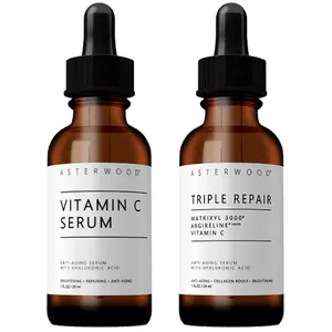 Asterwood Go & Glow Bundle - Vitamin C Serum & Triple Repair Serum Set with Hyaluronic Acid for Brightening, Anti-Aging, Collagen Boosting & Hydrating Skincare Routine