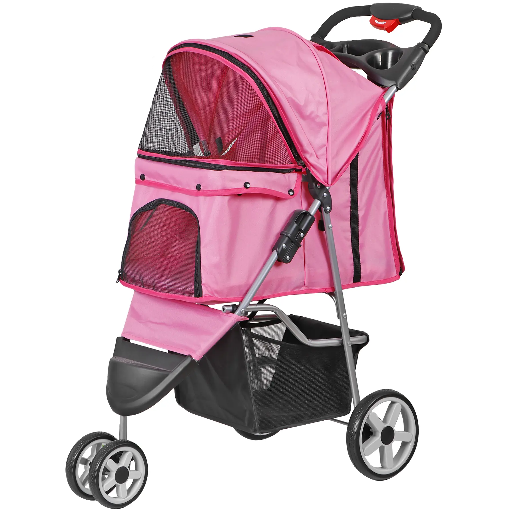 Zeny Portable 3-Wheel Foldable Pet Stroller for Dogs, Cats & Animals - Breathable Mesh Fabric Carrier Cart with Cup Holder, Tray, Metal Wheel Brakes, Plastic Buckle, Pink, Animal