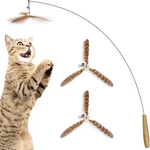 Brown  Wand, Interactive Indoor   with 1 Fishing Pole (34") and 3  Teasers (7"), Flexible Rod, Feline Fitness and Entertainment, 1 Set Per Pack