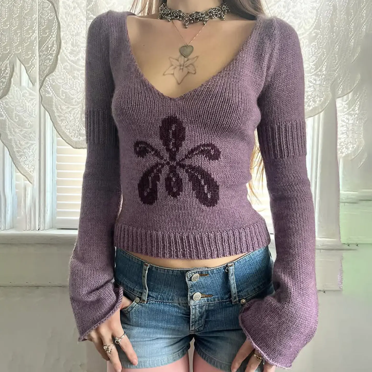 Vintage Jacquard Sweater, new autumn and winter style, casual and V-neck knit top, purple gentle style long-sleeve sweater for women