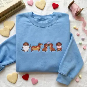 [Made in US] Dachshund Valentine Embroidered Sweatshirt, Wiener Dog Love Heart Sweater, Cute Doggie Couple Embroidery, Sweetheart Doxie Crewneck Giftesday gift for her