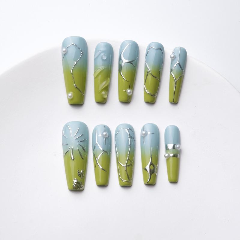 HJElegance Morning Garden coffin press on nails: soft blue-green shares with silver lines and pearl accents, natural elegance, shimmering glitter