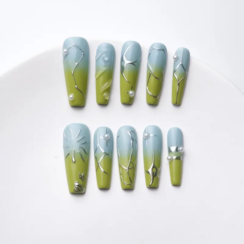 HJElegance Morning Garden coffin press on nails: soft blue-green shares with silver lines and pearl accents, natural elegance, shimmering glitter