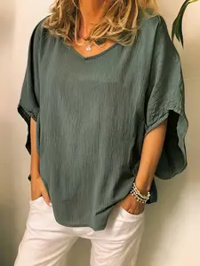 Women's Loose-Fitting V-Neck Batwing Top, Casual Summer & Fall Plain Color Shirt, Comfortable and Stylish Blouse for Daily Wear