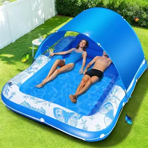 81"x60" Inflatable Tanning Pool Lounger Float with Canopy for Adult,Large Blow Up Sunbathing Bed & Water Raft,Butterfly Pool Floatie with Cup/Phone Holder,5 in 1 Floating Lounge for Pool,Lake,Backyard