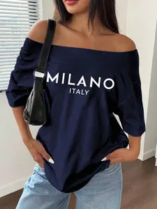 Women's Casual Commuter Loose Fit Off-Shoulder T-Shirt, Milan Letter Print, Y2K Style, Fashionable Trendy Top for Daily Wear or Parties, Womenswear