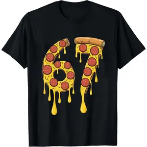 Black Short Sleeve Pizza-Inspired 67 Graphic Tee - Pepperoni & Melty Cheese Print Shirt | Funny Food-Themed Apparel | Ideal for Daily Casual & Food Lover Hangouts