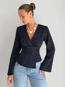 Women's Striped V-Neck Long Sleeve Fitted Shirt, Business Office Wear, Casual Business Women's Top, Spring & Fall Fashion