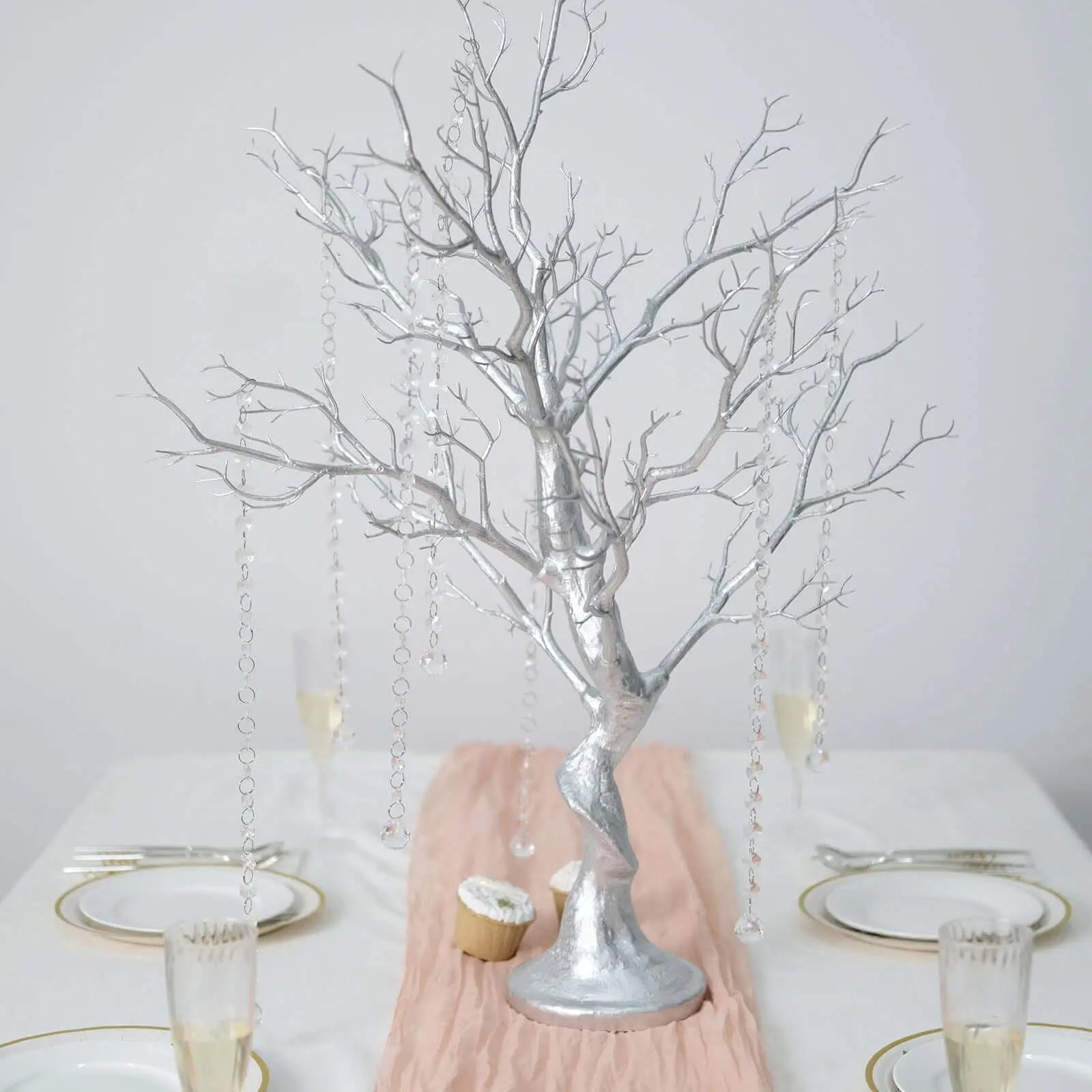 Manzanita Tree Centerpiece Metallic SIlver with 8 Acrylic Bead Chains for Weddings Parties & Event Displays 34"