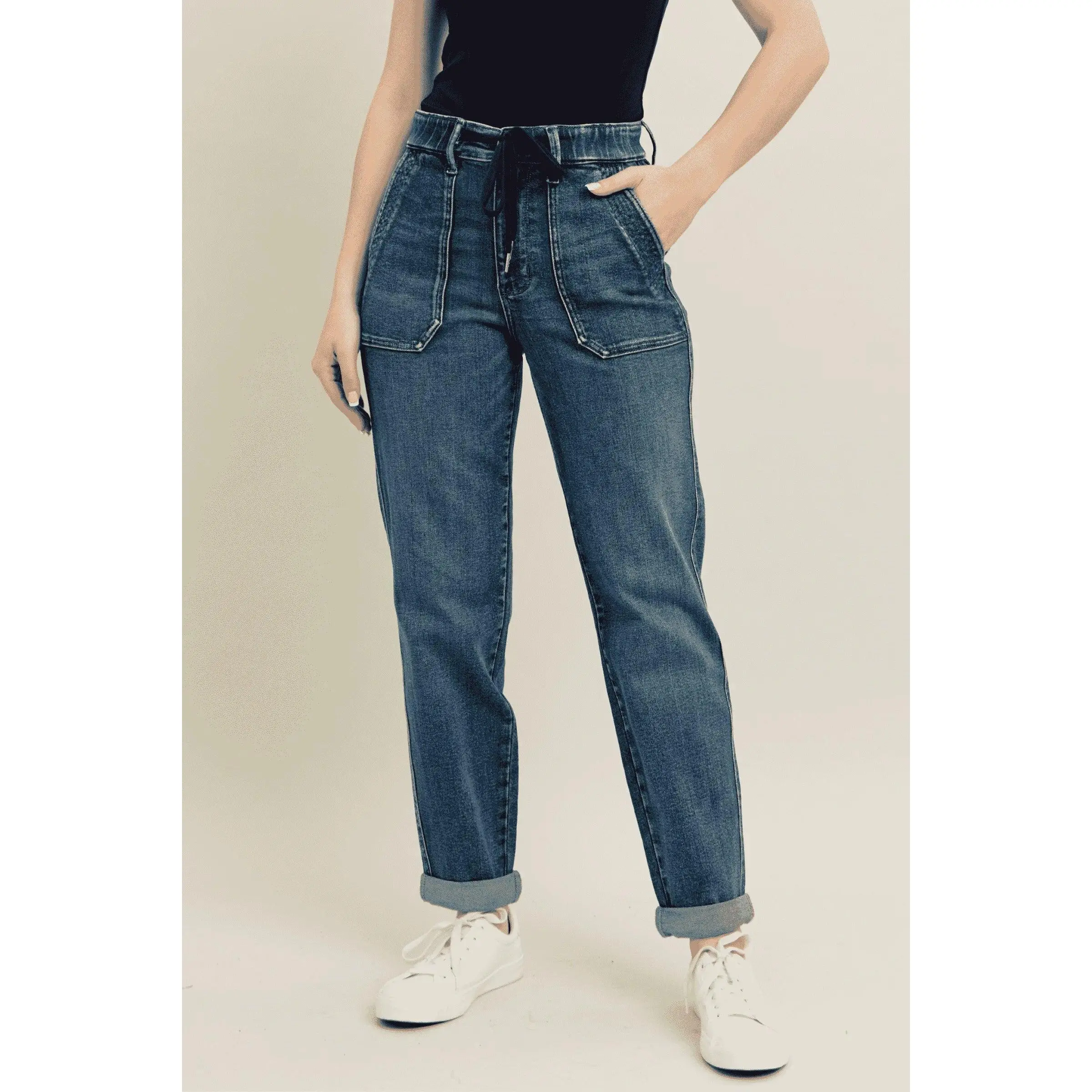 Judy Blue High Waist Vintage Wash Jogger Jeans w/ Drawstring 88971, Stretchy Cotton Comfort  Womenswear Casual Bottom