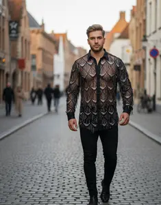 Luci della Notte Black Mesh & Silver Sequin Feather Pattern Shirt