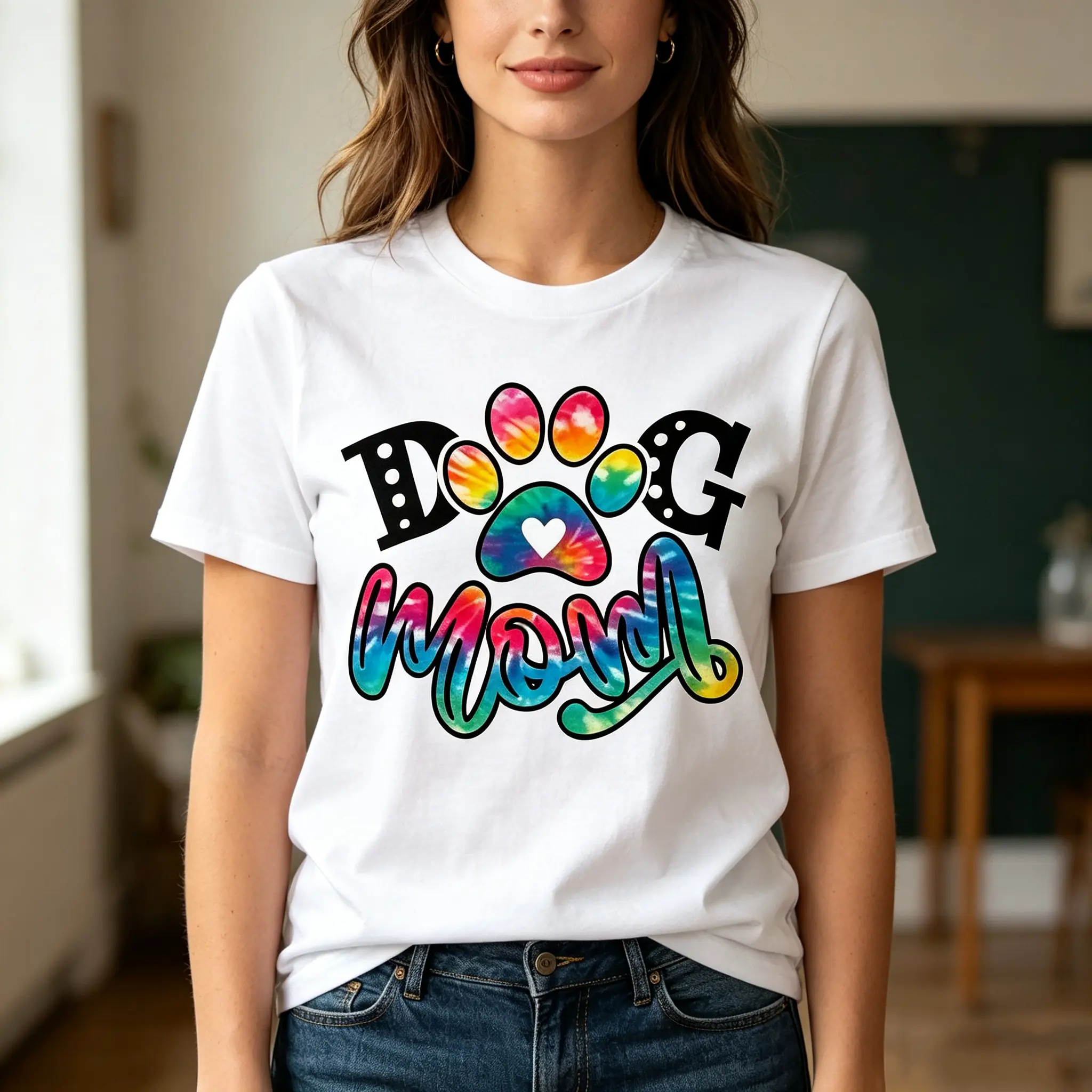 Women's Oversized Dog Mom T-Shirt - Casual Round/Crew Neck Tie Dye Paw Print Graphic Tee, Loose Baggy Short Sleeve Clothes, Year-Round Wear Basic Streetwear for Dog Lovers, Round Neck, Paw Print Tie-Dye