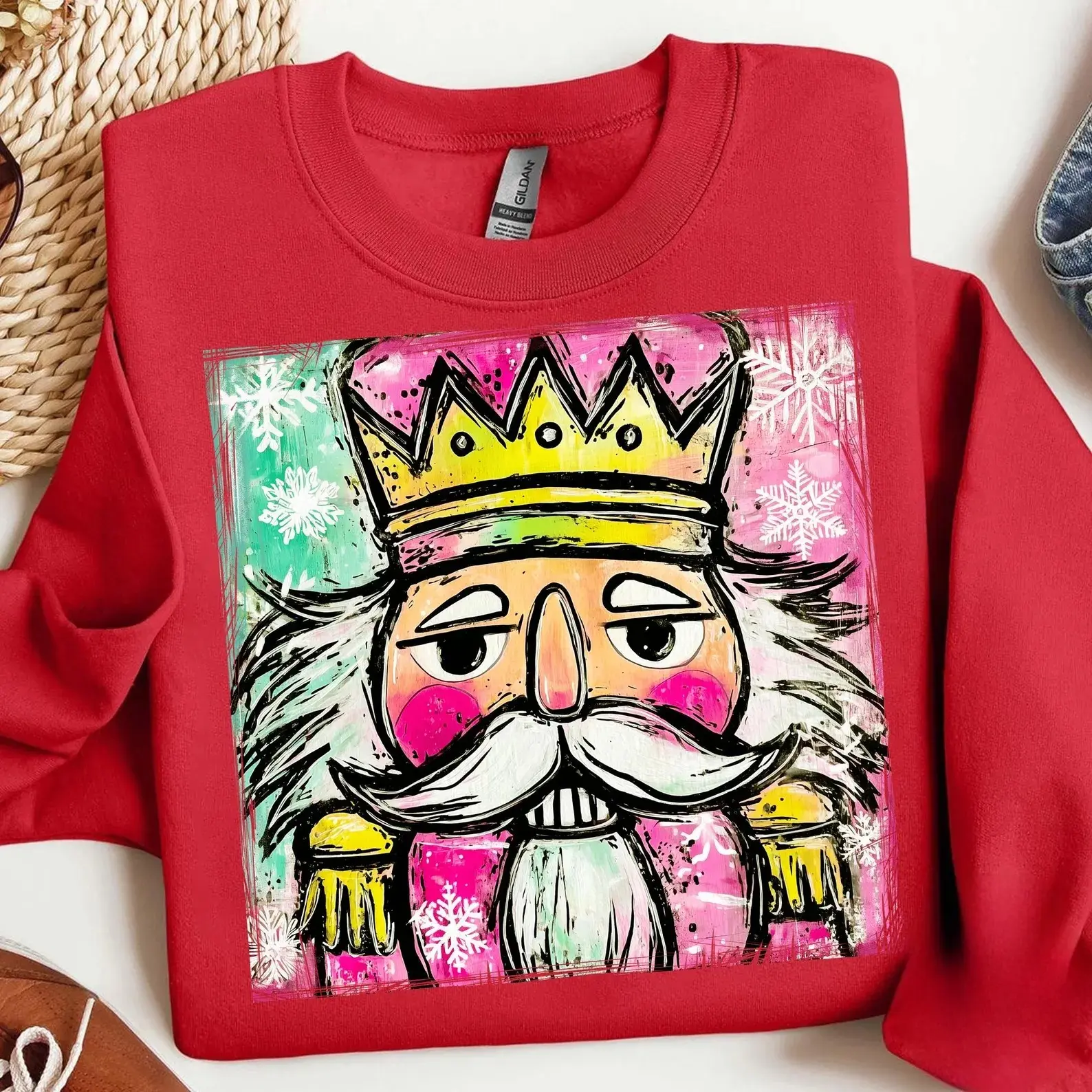Preppy Watercolor Nutcracker Youth/Adult Sweatshirt – Glitter Santa Claus Sweatshirt – Coquette Christmas Pullover – Merry Christmas Graphic Top – Holiday Outfit