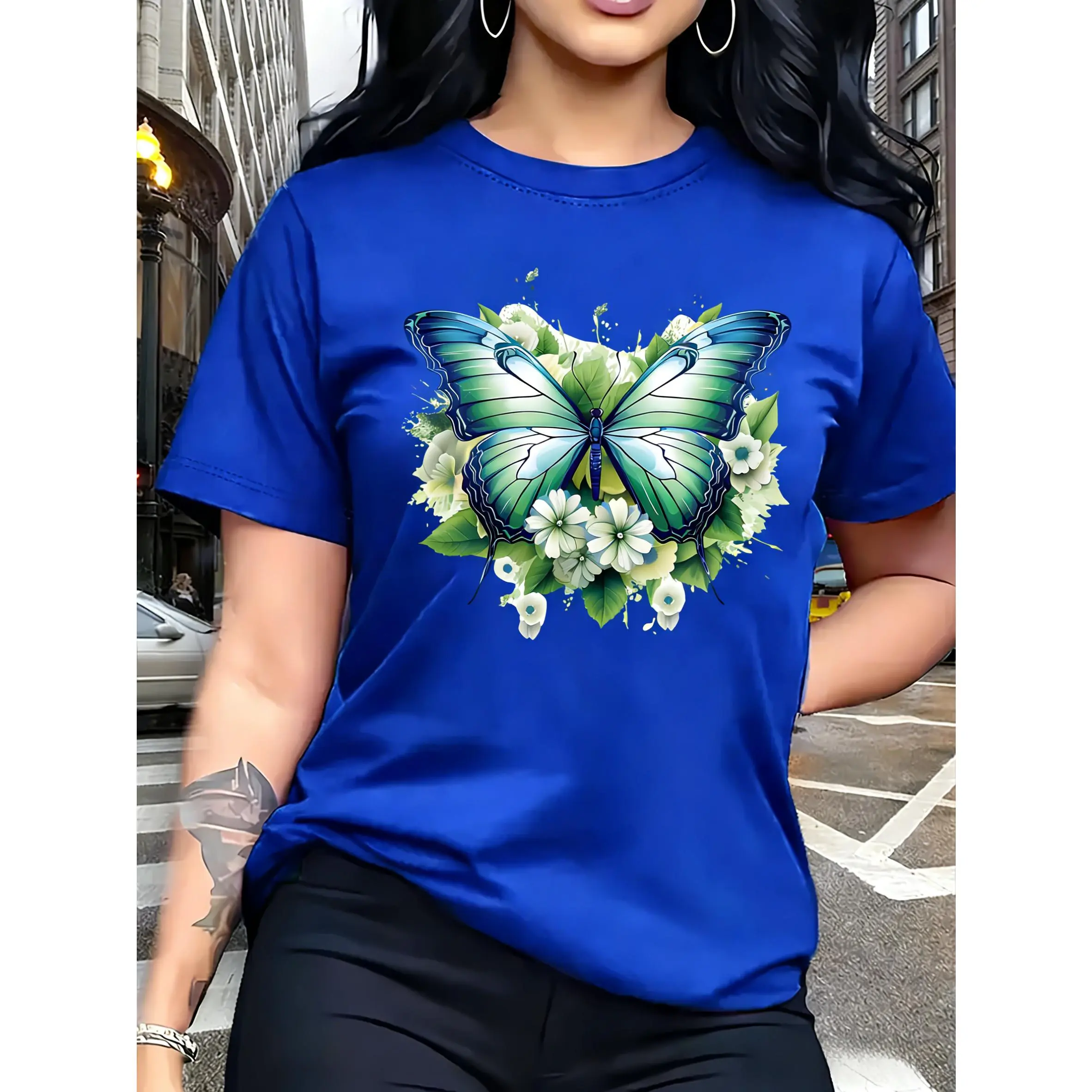Women's Oversized Graphic Print T-Shirt, 100% Cotton Casual Streetwear with a Round Neck and Short Sleeves, Shortsleeve, Tshirt, Basic, Fit, Printed, Tee, Smooth, Asymmetric Cut