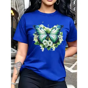 100% pure cotton, women's T-shirt with butterfly and flower print - short sleeve round neck casual top, suitable for spring and summer, ideal choice for birthday or holiday gifts, butterfly shirt