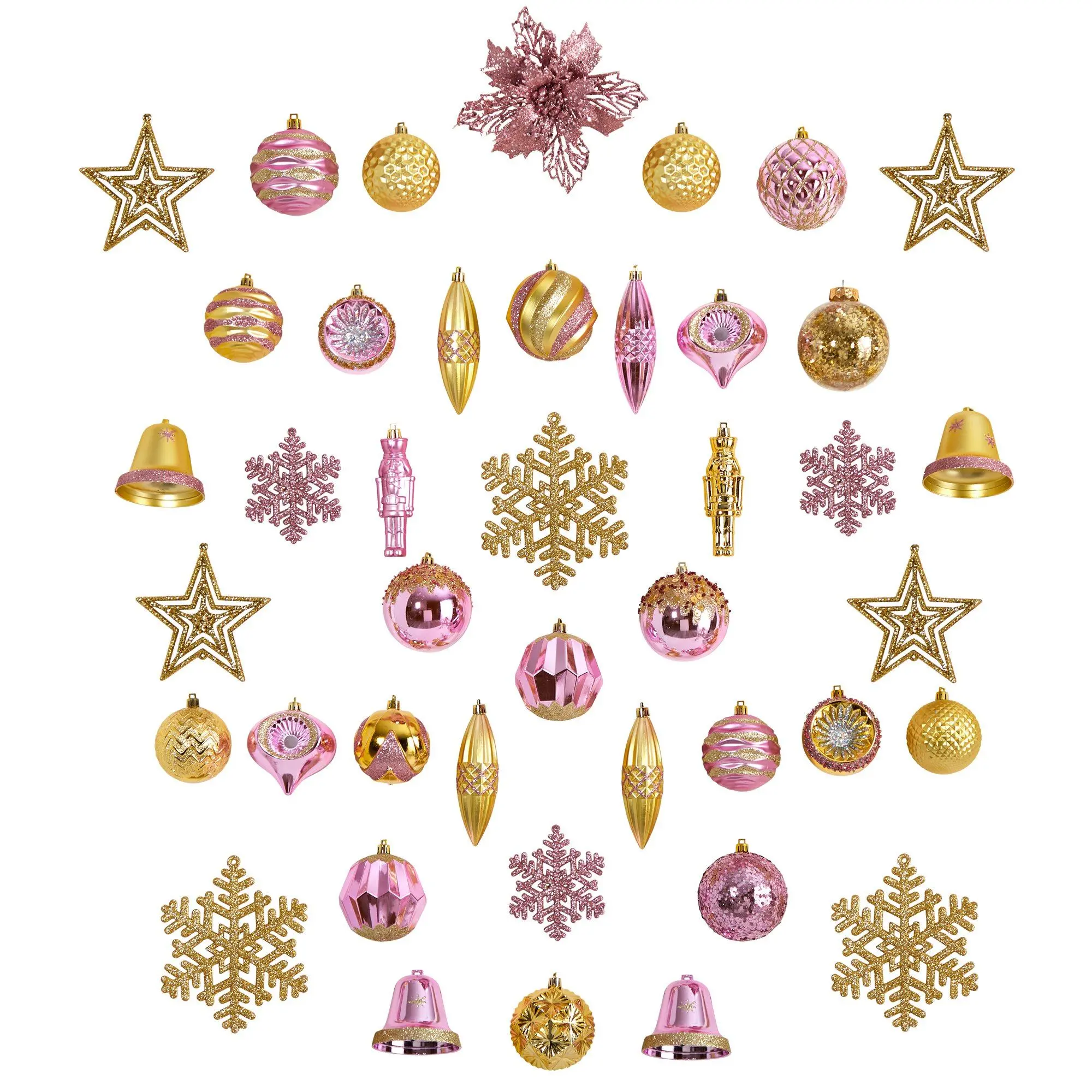 70-Piece Shatterproof Pink and Gold Glitter Finish Christmas Tree Ornament Set, Glass-Like Decoration, Reusable Tray, Collectibles for Artificial Tree Christmas Decor