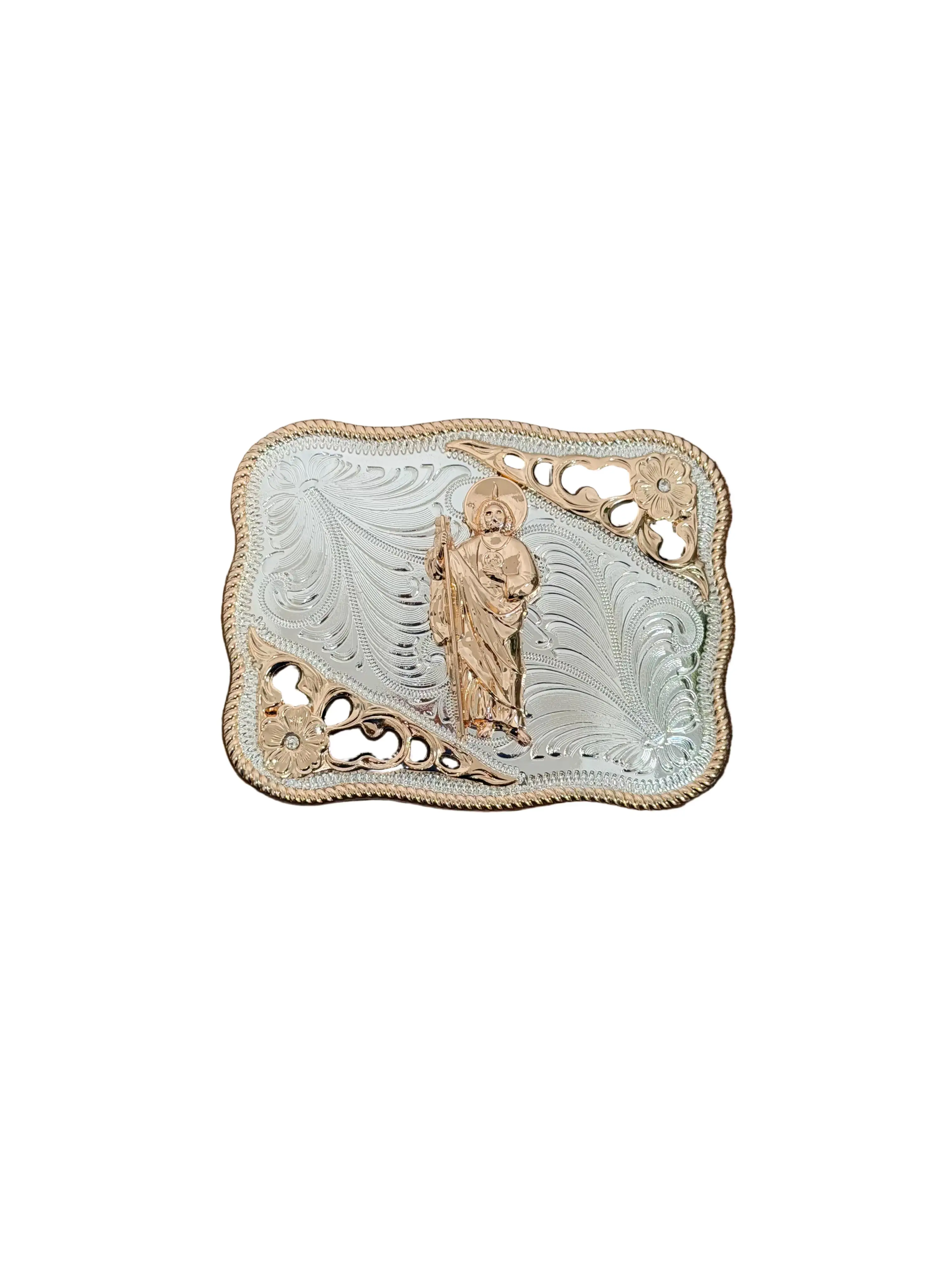 Square Silver-Gold San Judas Motif Belt Buckle, Fashion Clothes Accessory, Male Belt