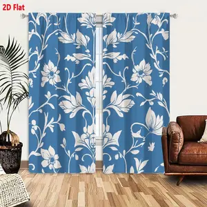 2D Flat  2-Pack Floral Damask Curtains, Blue Background with White Floral Foliate Patterns, Symmetrical Ornate Vintage Style Decorative Curtains for Living Room Bedroom, Soft Elegant Design