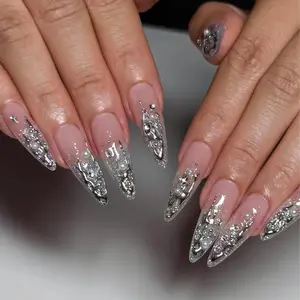 Elegant Silver Press On Nails, Silver Chrome 3D Metallic Press Ons, Luxury Glitter Nail Art with Crystals Pearls Charms, Wedding Nails, Prom