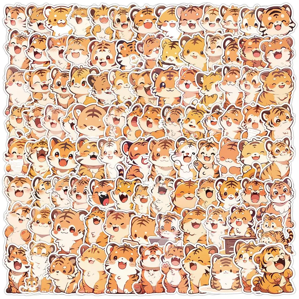 Cute Tiger Pattern Sticker, 100pcs/set Waterproof Self Adhesive Decor Paper, Decor Sticker for Gift Greeting Card Water Bottle Laptop Phone