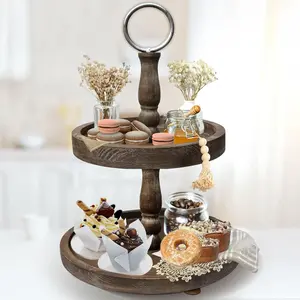 Rustic Round 2 Tier Tray Stand - Farmhouse Wooden Tiered Tray Stand - Two Tiered Decorative Tray Centerpiece for  Decor - Elegant Dessert Stand, Cupcake Stand, Coffee Bar Organizer