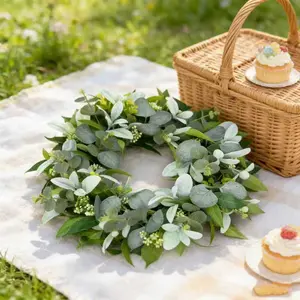 Country Farmhouse Style Plant Wreath, Soft Lamb's Ear with Eucalyptus Leaves and Berries, All-Season Simple Decoration, Ornaments