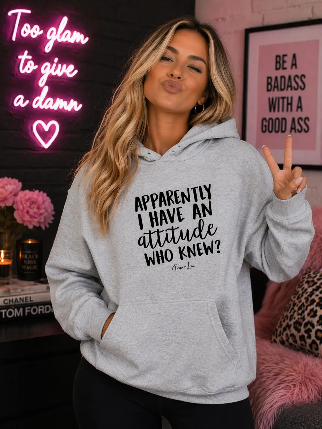 Women's "Apparently I Have An Attitude" Graphic Hoodie Sweatshirt - Soft Athletic Top, 50% Cotton 50% Spandex Fabric, Double-Lined Hood, Matching Drawcord, Quarter-Turned Body, Knit Design