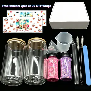 16oz Pre-Drilled Double Wall Christmas Glass Snow Globe Tumblers with Straws and Lids and  2pcs glitter and 2pcs  Glass Snow Globe Tumblers