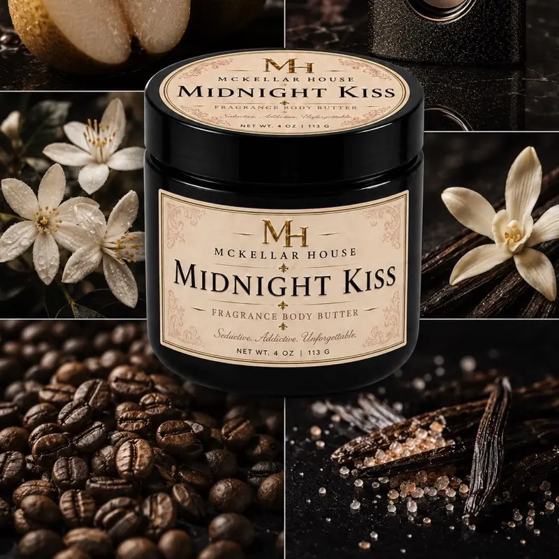 Midnight Kiss Luxury Fragrance Body Butter – Coffee, White Floral & Vanilla Scent – 4 oz