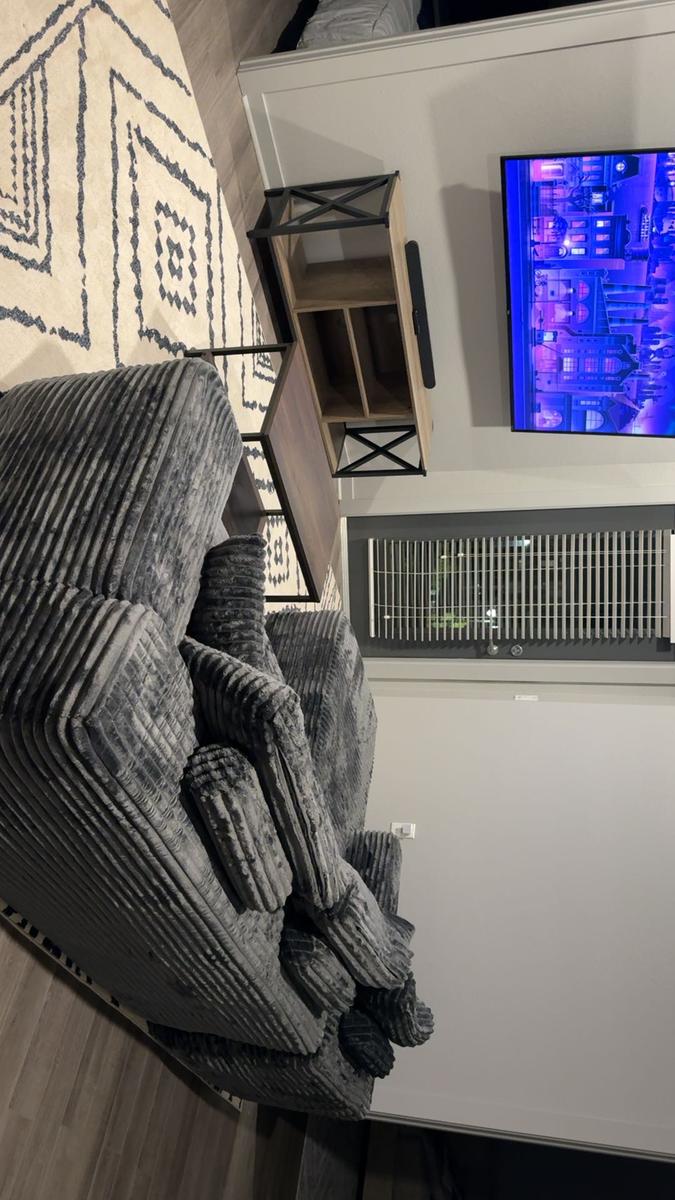 Item: Grey Plush Corduroy Left Chaise, With Ottoman