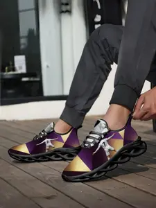 Unisex Purple Gold Geometric Football Sports Style Trendy Casual Sneakers - Skin-Friendly Mesh, High Elastic Shock-Absorbing & Non-Slip for Daily Commute & Outdoor Wear